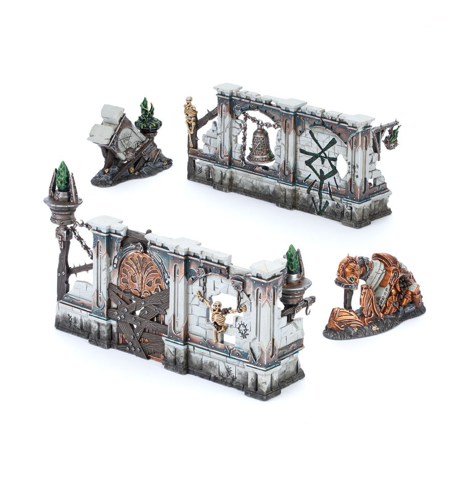 Warhammer Age of Sigmar - Spearhead - Fire & Jade Gaming Pack - Warhammer terrain pieces with weathered stone walls, intricate doors, green glowing lanterns, and broken statues in gray and