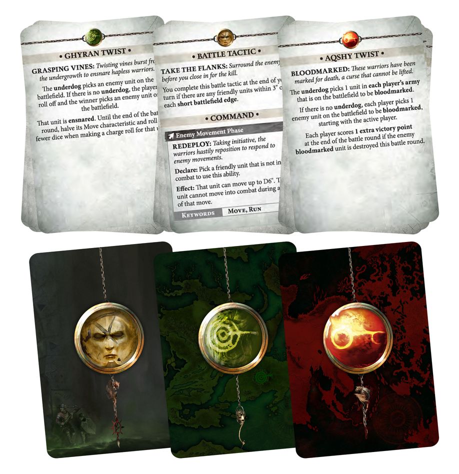 Warhammer Age of Sigmar - Spearhead - Fire & Jade Gaming Pack - Three Warhammer rule cards with weathered parchment background, each featuring distinct colored icons in gold, green, and.
