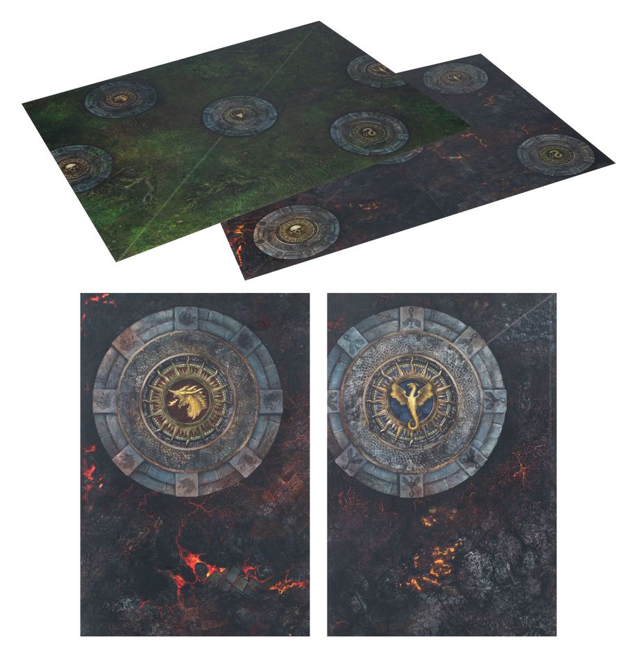 Warhammer Age of Sigmar - Spearhead - Fire & Jade Gaming Pack - Two rectangular gaming mats with dark stone textures, circular ancient rune designs in gold and gray, and fiery orange.