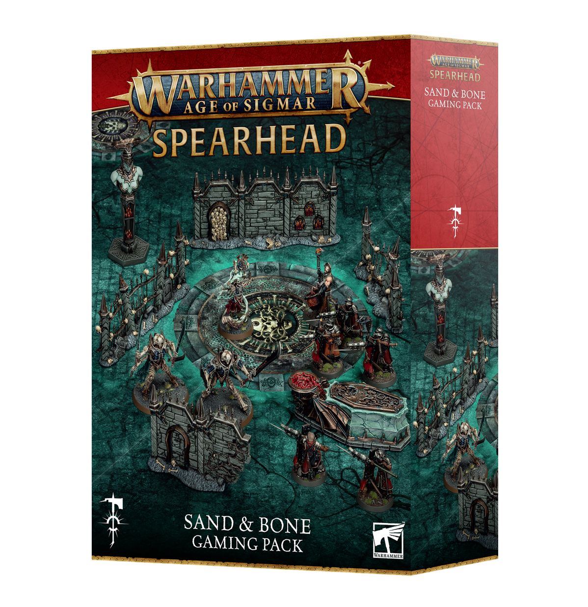 Warhammer Age of Sigmar: Spearhead: Sand & Bone Gaming Pack - Warhammer Age of Sigmar Spearhead Sand & Bone Gaming Pack box with detailed fantasy battlefield artwork and dark green tones.