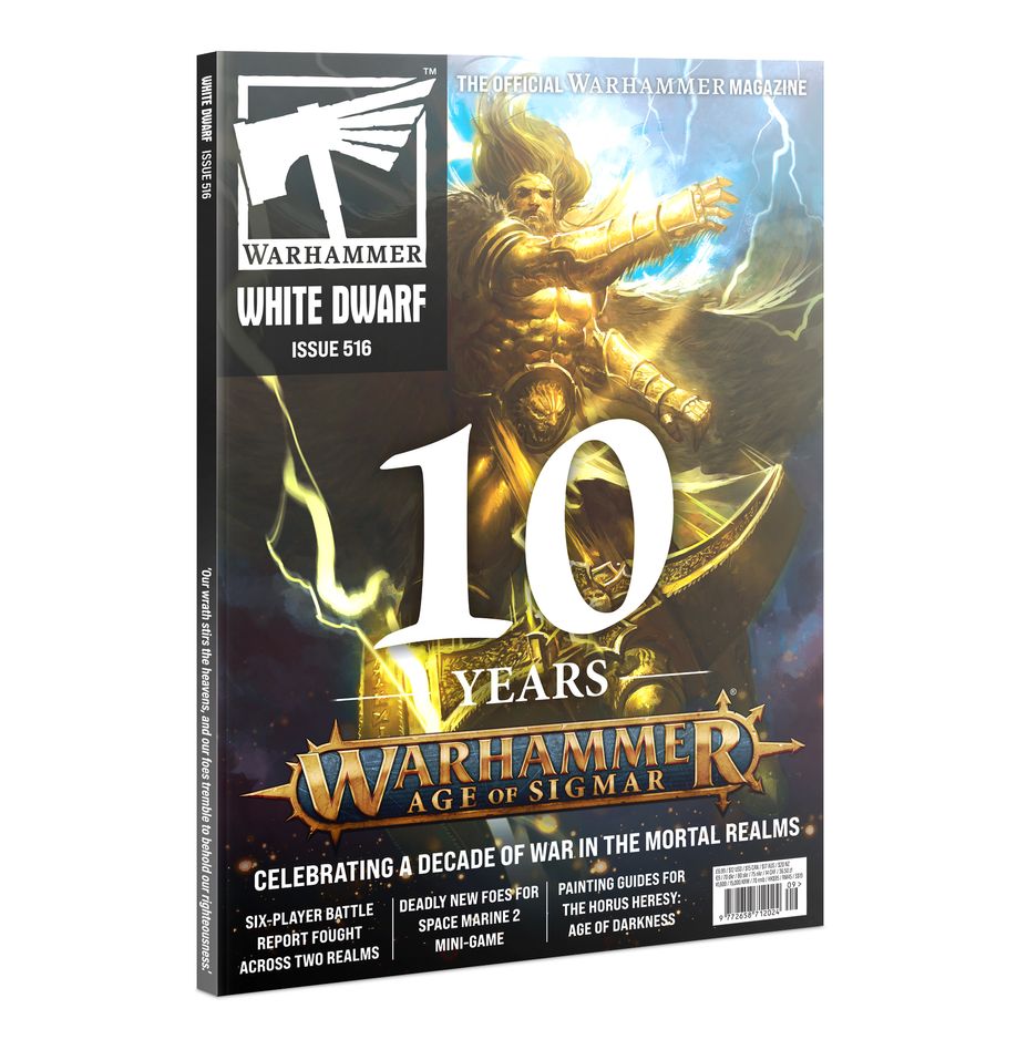 White Dwarf: Issue 516 - Warhammer White Dwarf Issue 516 magazine cover featuring gold armored warrior and "10 Years Warhammer Age of Sigmar" text on