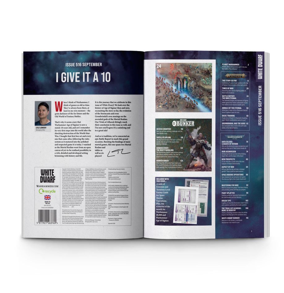 White Dwarf: Issue 516 - Open magazine spread of White Dwarf Issue 516 featuring text columns, a staff photo, hobby project images, and a dark starry