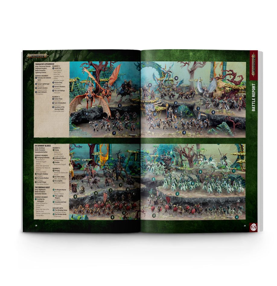 White Dwarf: Issue 516 - Open White Dwarf magazine issue 516 featuring colorful Age of Sigmar miniature battle scenes and detailed unit stats on a.