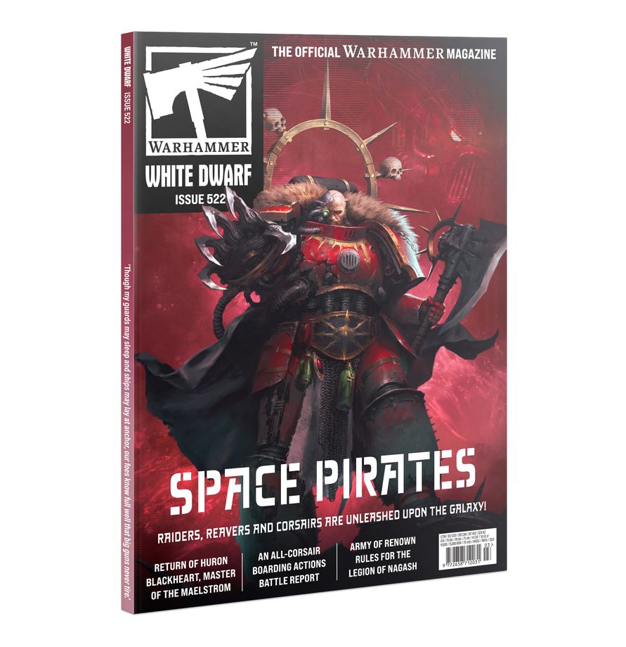 White Dwarf: Issue 522 (PREORDER) - Warhammer White Dwarf magazine Issue 522 with dark red cover featuring armored space pirate warrior holding a weapon against