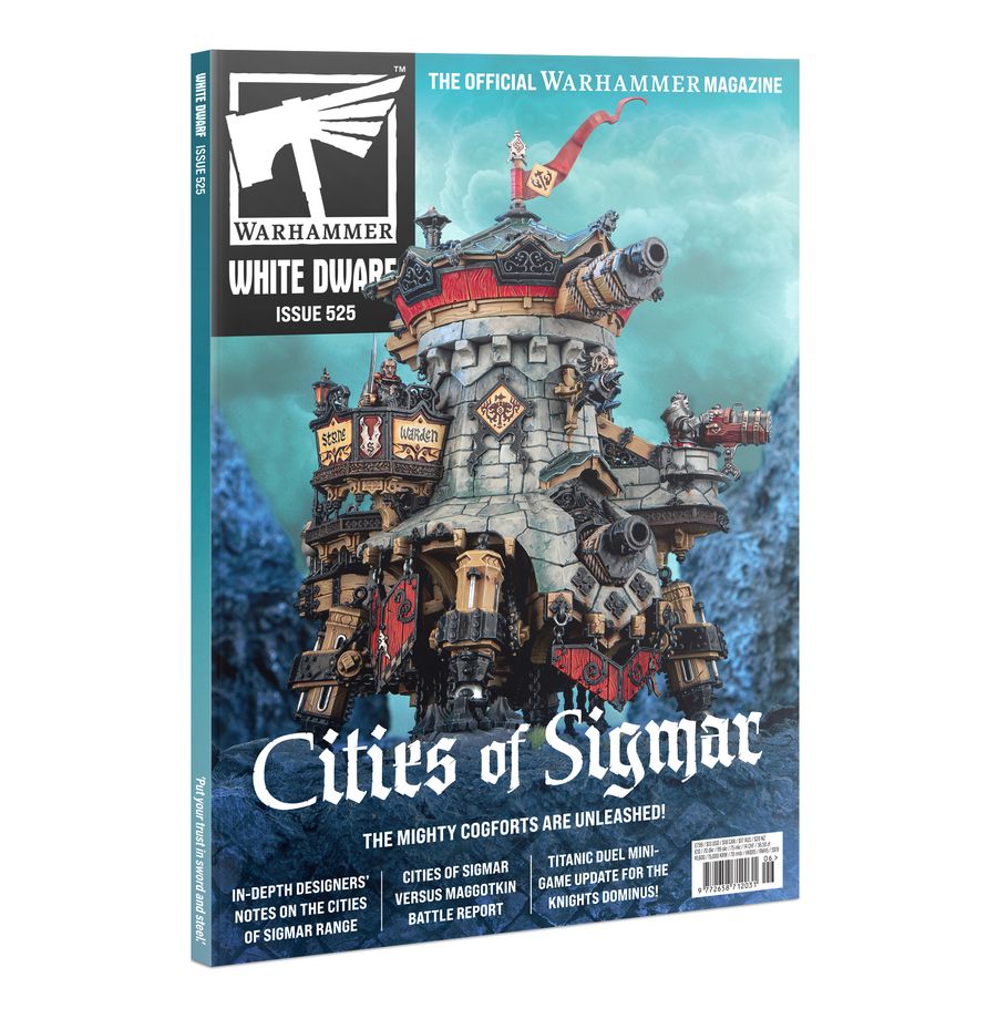 White Dwarf: Issue 525 - White Dwarf magazine issue 525 featuring a detailed, industrial fortress model from Age of Sigmar on the cover with a cloudy