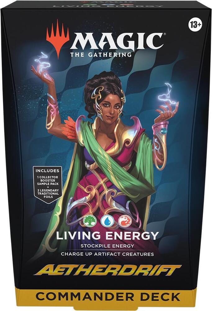 Magic: The Gathering - Aetherdrift Commander Deck - Living Energy - The Gathering Aetherdrift Living Energy commander deck box featuring a dark blue and black background with a female mage.