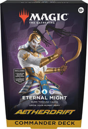 Magic: The Gathering - Aetherdrift Commander Deck - Eternal Might - The Gathering Aetherdrift Commander Deck featuring armored archer with golden bow on purple background, text "Eternal Might"