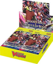 Cardfight Vanguard Divinez: BT07 - Moon Fangs and Cerulean Blaze Booster Box - Bright yellow cardboard booster box featuring colorful anime characters with red and pink hair, holding two booster packs.