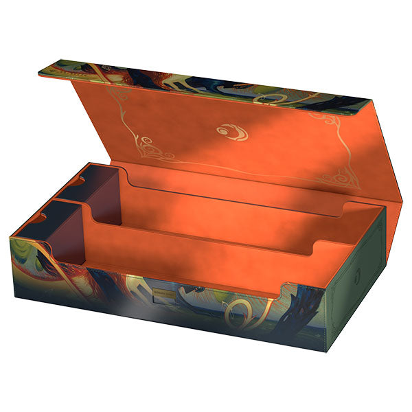 Ultimate Guard Omnihive: 1000+ Xenoskin Deckcase: Lorwyn Eclipsed - Celestial Reunion - Rectangular card deck case with dark blue and orange celestial-themed design, hinged lid, and smooth interior lining.