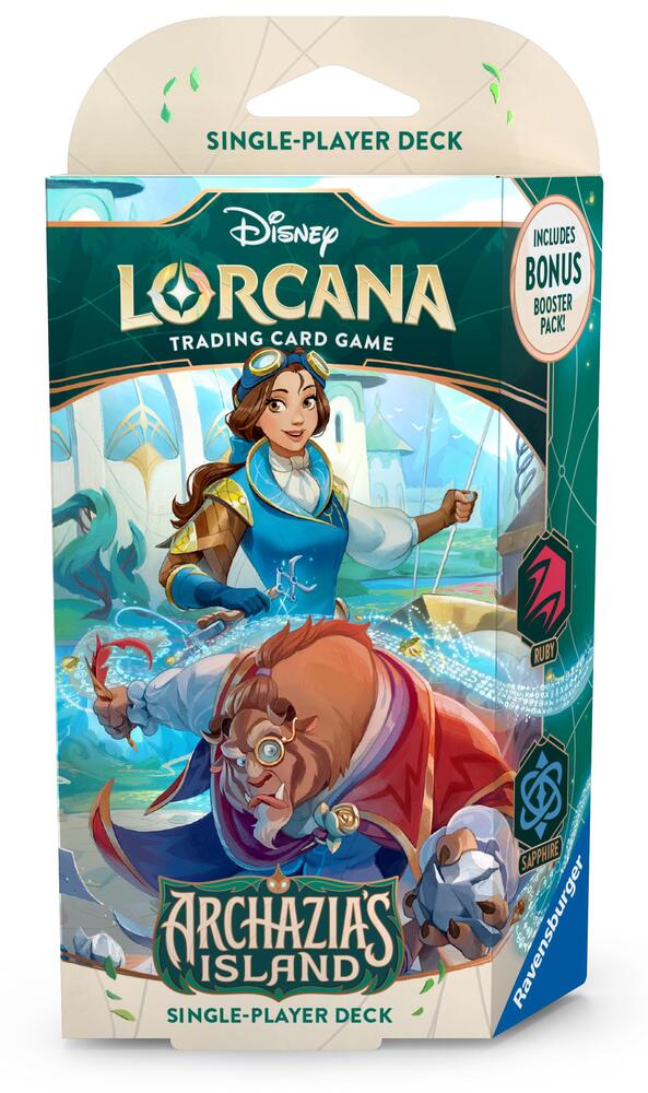 Lorcana TCG: Archazia's Island Starter Deck - Ruby & Sapphire - Lorcana TCG Archazia’s Island starter deck packaging featuring a female character and a large beast on vibrant tropical.