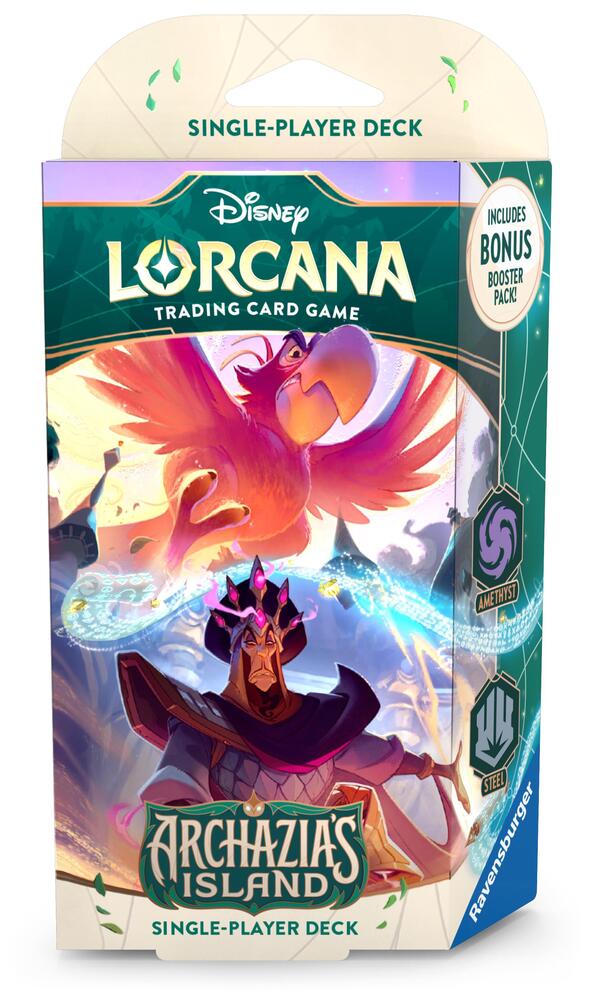 Lorcana TCG: Archazia's Island Starter Deck - Amethyst & Steel - Disney Lorcana trading card game starter deck box with colorful fantasy island artwork and character illustration.
