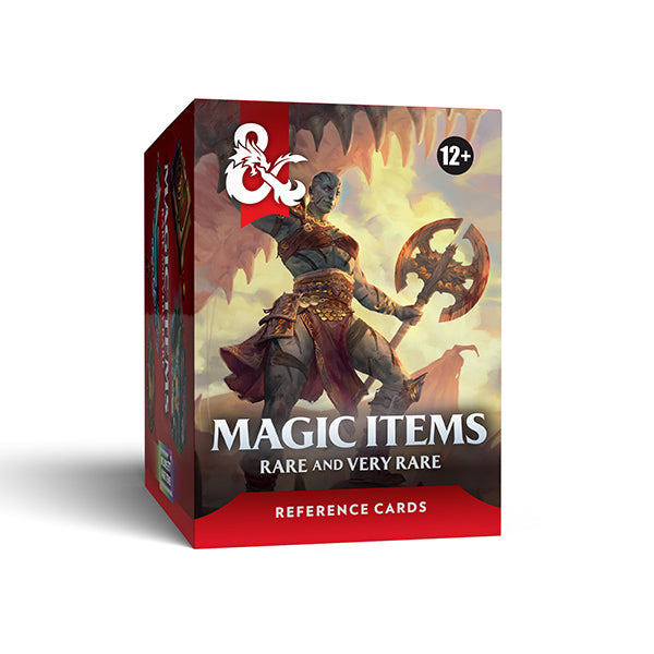 D&D 5e Reference Cards - Magic Items Rare And Very Rare (PREORDER) - Box of D&D 5e Magic Items Rare and Very Rare reference cards featuring a fantasy warrior with axe and glowing eyes on red.