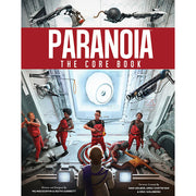 Paranoia RPG: Core Book - Paranoia RPG core book cover showing futuristic room with six people in red jumpsuits and robotic arms above, bold red and.