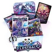 Elestrals - Moonrise - Booster Pack - Elestrals Moonrise booster pack display box with multiple colorful fantasy-themed card packs and a purple card featuring a.