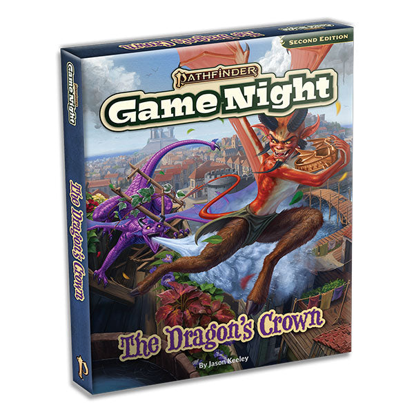 Pathfinder 2E: The Dragon's Crown Deluxe Adventure (PREORDER) - Pathfinder Game Night box featuring vibrant illustration of a red dragon and purple warrior in battle above a detailed.