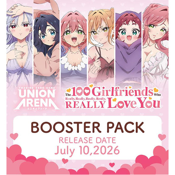 Union Arena: The 100 Girlfriends Who Really, Really, Really, Really, REALLY Love You - Booster Display - Union Arena booster display featuring six colorful anime girls in soft pastel tones, with bold pink and red text.