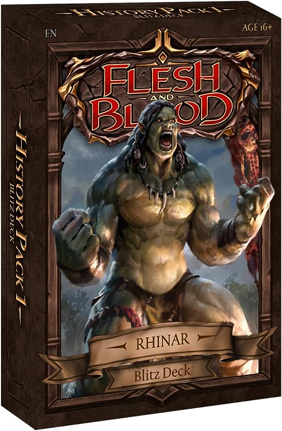 Flesh and Blood - History Pack 1 - Blitz Decks - Flesh and Blood card game pack featuring muscular beast creature on dark fantasy-themed box with red and gold title.