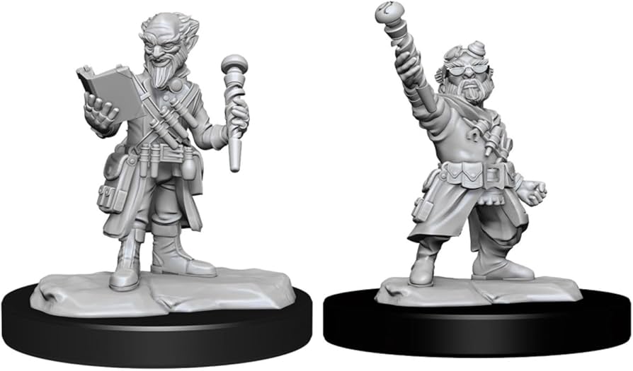 D&D Nolzur's Marvelous Minis: Gnome Artificer Male - Unpainted gray plastic miniature of a male gnome artificer holding a book in one hand and a staff in the other, wearing.