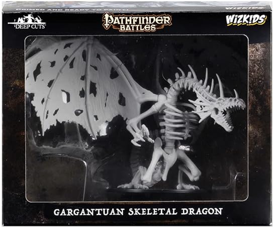 Pathfinder Battles Deep Cuts: Gargantuan Skeletal Dragon - White skeletal dragon mini with large wings and detailed bones in black and dark gray box packaging.