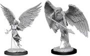 D&D Nolzur's Marvelous Miniatures: Harpy & Arakocra - Two unpainted gray resin fantasy miniatures featuring a winged female harpy with flowing hair and an arakocra warrior.