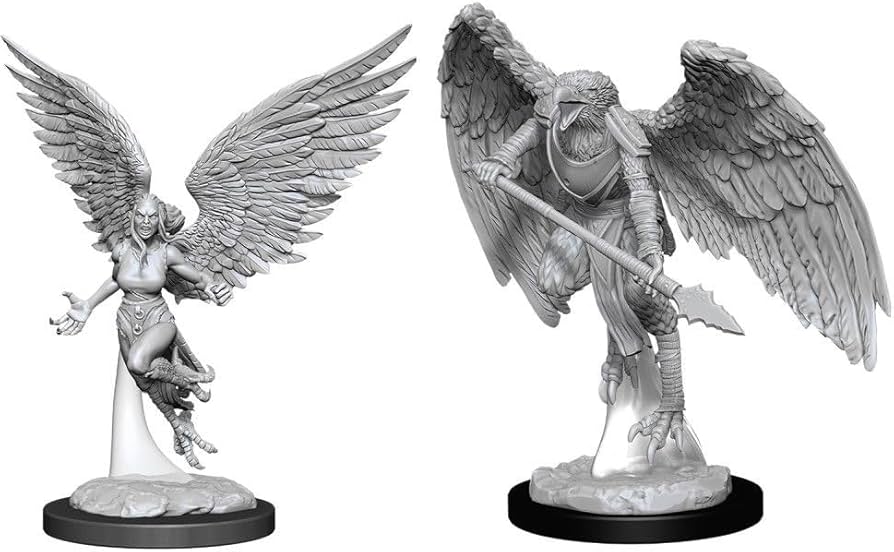 D&D Nolzur's Marvelous Miniatures: Harpy & Arakocra - Two unpainted gray resin fantasy miniatures featuring a winged female harpy with flowing hair and an arakocra warrior.
