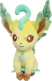 Pokémon All Star Collection - Leafeon Plush, 7" - Soft yellow and green Leafeon plush with large leaf-shaped ears and brown eyes, 7 inches tall.