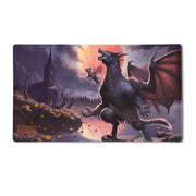 Dragon Shield Playmat & Tube - Halloween 2023 - Rectangular playmat featuring a dark, smoky Halloween scene with a menacing red-winged dragon and glowing pumpkins near a.