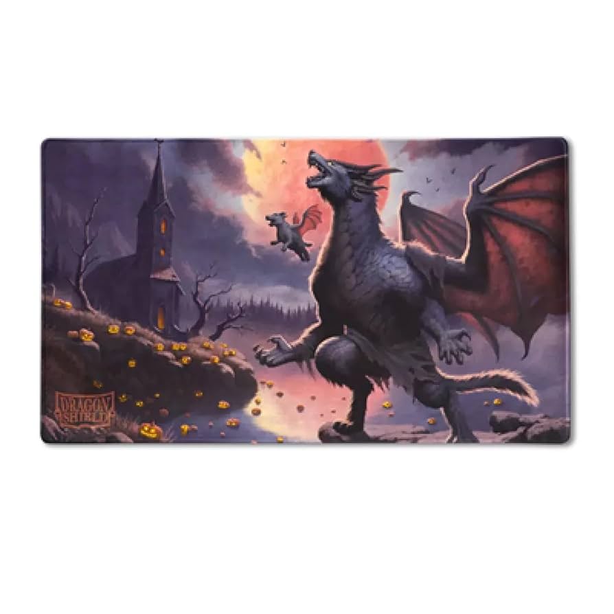 Dragon Shield Playmat & Tube - Halloween 2023 - Rectangular playmat featuring a dark, smoky Halloween scene with a menacing red-winged dragon and glowing pumpkins near a.