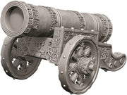 WizKids Deep Cuts: Large Cannon - Gray intricately detailed fantasy cannon miniature with ornate floral designs on barrel and wheels.