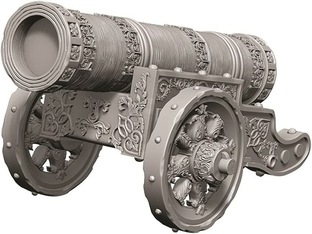WizKids Deep Cuts: Large Cannon - Gray intricately detailed fantasy cannon miniature with ornate floral designs on barrel and wheels.