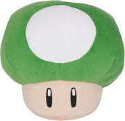 Super Mario All Star Collection - Up Mushroom Plush, 6" - Green and white mushroom plush with beige stem and black oval eyes, soft fabric, 6 inches tall.