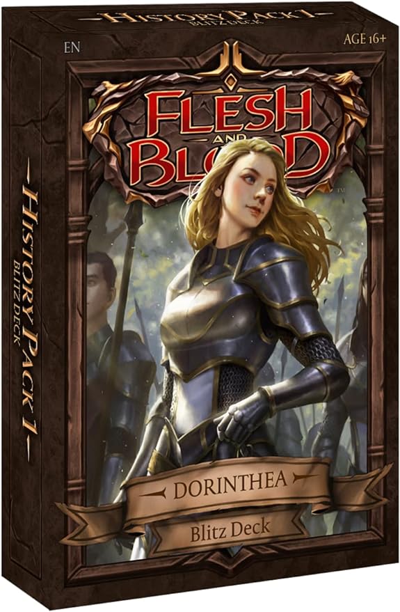 Flesh and Blood - History Pack 1 - Blitz Decks - Flesh and Blood History Pack 1 Blitz Deck featuring armored female warrior Dorinthea on dark fantasy-themed box.