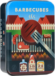 Barbecubes (PREORDER) - Rectangular blue metal tin with a grill illustration, spatula, sausages, and houses on the lid labeled Barbecubes.