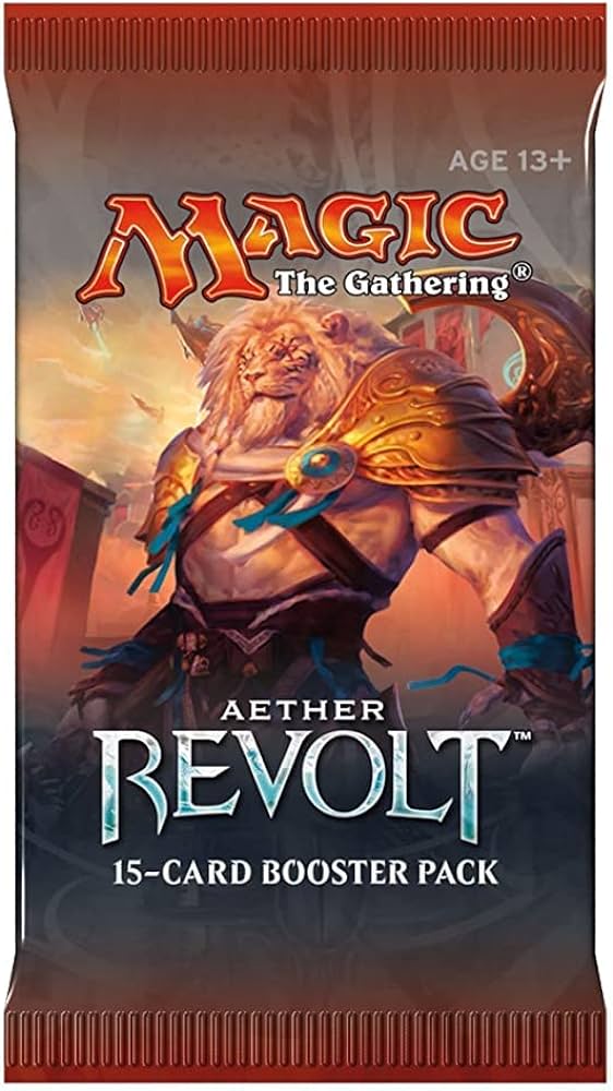 Magic: The Gathering - Aether Revolt Booster Pack - The Gathering Aether Revolt booster pack with fantasy warrior artwork in orange and blue tones, red and gray packaging.
