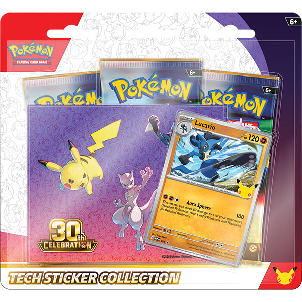 Pokémon TCG: 30th Celebration - Tech Sticker Collection - Lucario (PREORDER) - Pokémon TCG Tech Sticker Collection box with Pikachu, Mewtwo, and Lucario cards on purple and yellow background.
