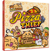 Fuzzballs: Pizza Thief (PREORDER) - Card game box featuring cartoon animals holding pizza slices with playful, colorful lettering on beige background.