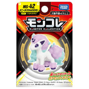 Pokemon MS-42 Ponyta (Galarian Form) - White and purple Galarian Ponyta figure with blue mane and tail from Takara Tomy Monster Collection packaging.