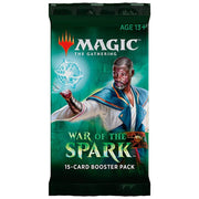 Magic: The Gathering - War of the Spark Booster Pack - The Gathering War of the Spark booster pack with green and teal artwork featuring a male mage casting a glowing spell.