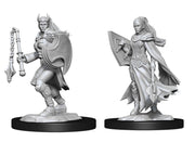 D&D Nolzur's Marvelous Miniatures: Kalashtar Cleric Female - A male warrior with horned helmet, shield, and flail; and a female cleric in flowing robes holding a shield and casting a.