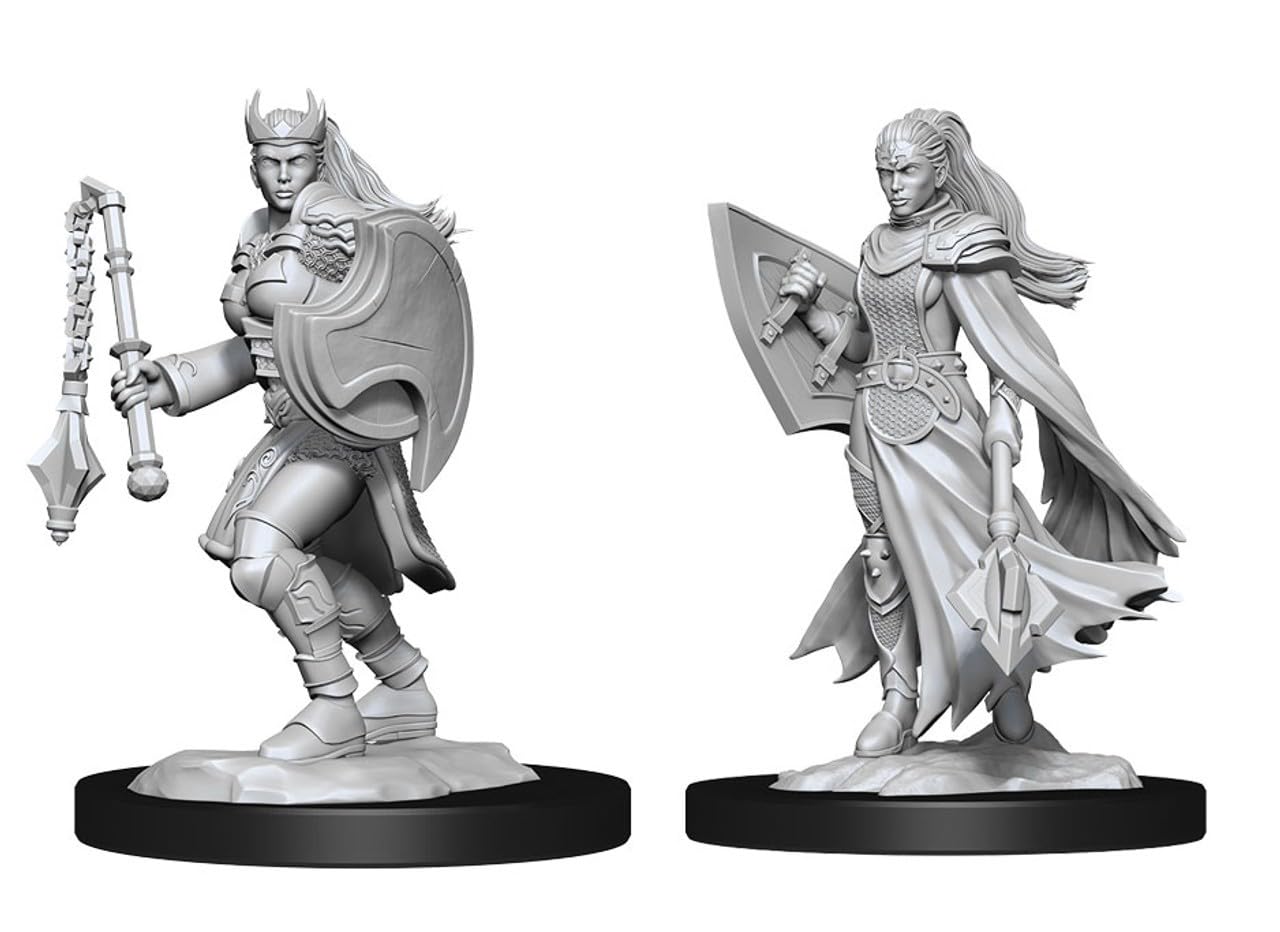 D&D Nolzur's Marvelous Miniatures: Kalashtar Cleric Female - A male warrior with horned helmet, shield, and flail; and a female cleric in flowing robes holding a shield and casting a.