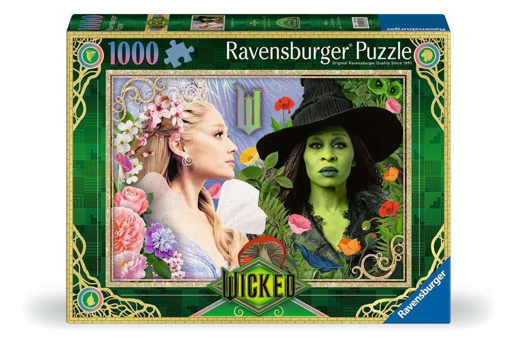 Puzzle: Wicked Act II 1000 Piece - Ravensburger Wicked Act II 1000-piece puzzle box with green border and images of two women, one with pink flowers and the.
