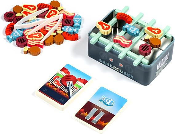 Barbecubes (PREORDER) - Compact barbecue-themed game set with wooden meat and utensil tokens, plastic grill box, and illustrated cards.