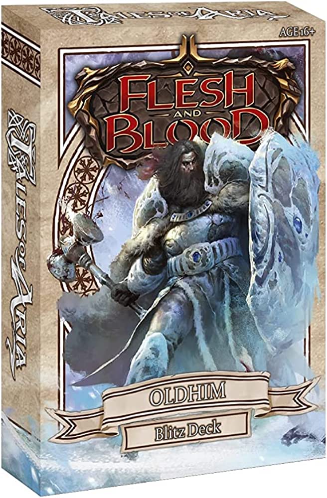 Flesh and Blood - Tales of Aria - Blitz Deck - Oldhim - Flesh and Blood Oldhim Blitz Deck box featuring armored warrior with glowing shield and sword on snowy background.