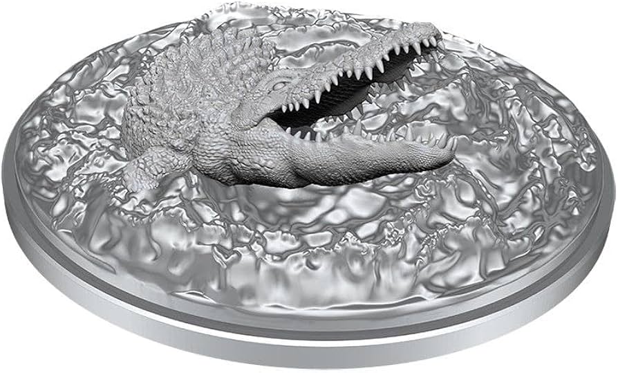 D&D Nolzur's Marvelous Miniatures: Crocodile - Gray unpainted resin miniature of a snarling crocodile on a textured round base.