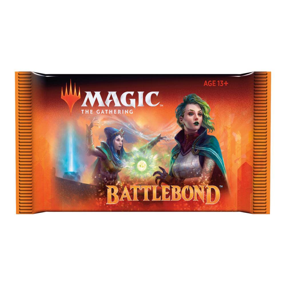 Magic: The Gathering - Battlebond Booster Pack - The Gathering Battlebond booster pack with orange and black packaging featuring two fantasy characters and glowing magical.