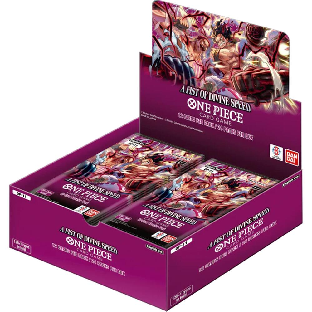 One Piece TCG: A Fist of Divine Speed: Booster Box [OP-11] - Purple rectangular booster box with vibrant anime characters from One Piece, displaying multiple booster packs inside.