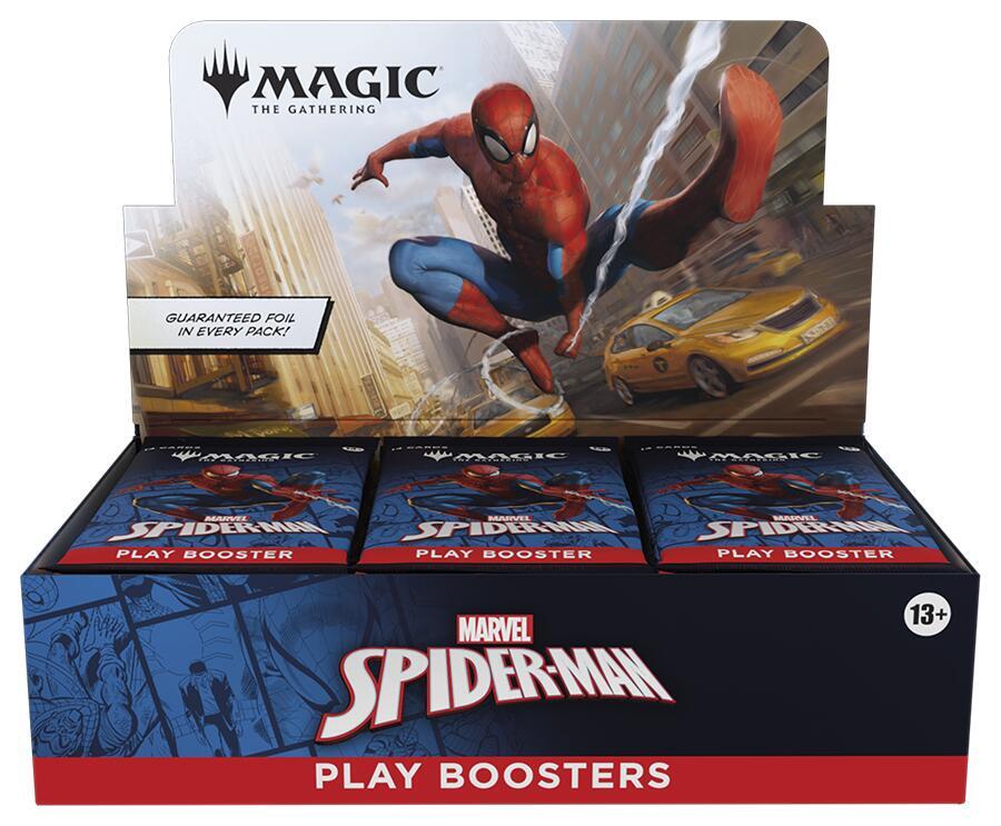 Magic: The Gathering - Marvel's Spider-Man - Play Booster Box - The Gathering Marvel Spider-Man Play Booster packs featuring Spider-Man swinging on webbing.