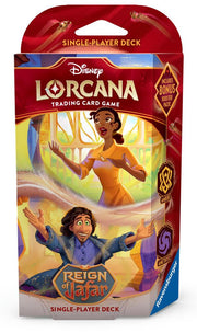 Lorcana TCG: Reign of Jafar Starter Deck - Amber & Amethyst - Red and blue Lorcana TCG Reign of Jafar single-player deck box featuring animated characters and gold foil accents.