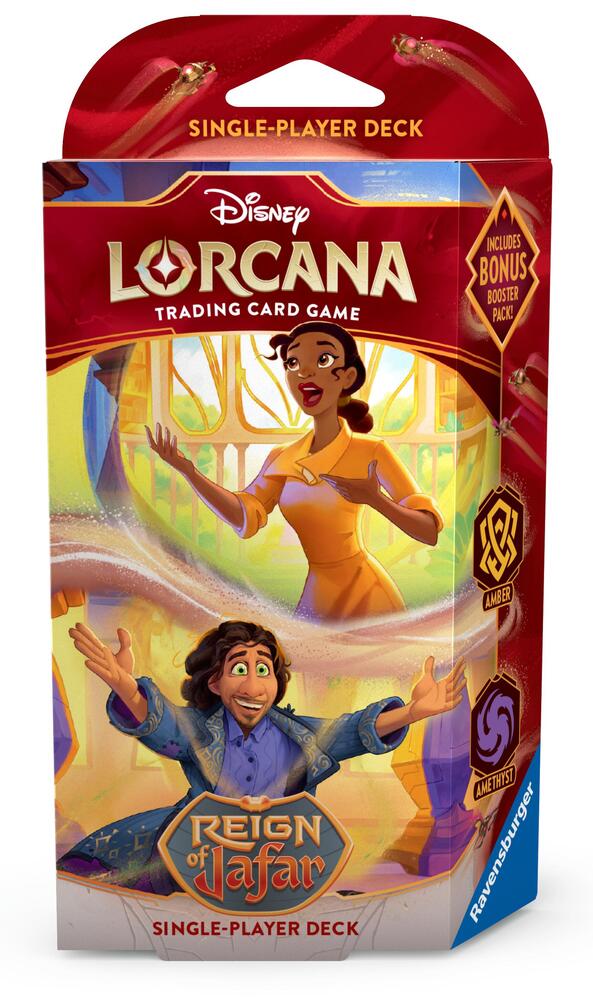 Lorcana TCG: Reign of Jafar Starter Deck - Amber & Amethyst - Red and blue Lorcana TCG Reign of Jafar single-player deck box featuring animated characters and gold foil accents.