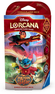 Lorcana TCG: Reign of Jafar Starter Deck - Ruby & Steel - Lorcana TCG Reign of Jafar starter deck box with vibrant magical character art in red and blue hues, featuring Stitch and.